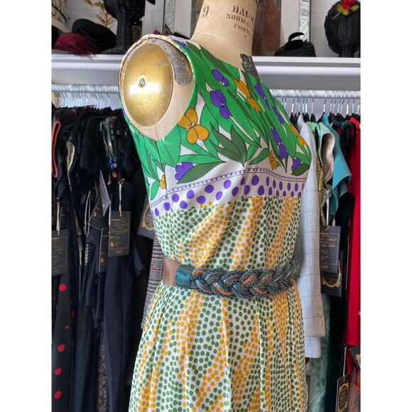 vintage 1970s maxi dress green and yellow mod floral border print polka dot - Picture 8 of 10